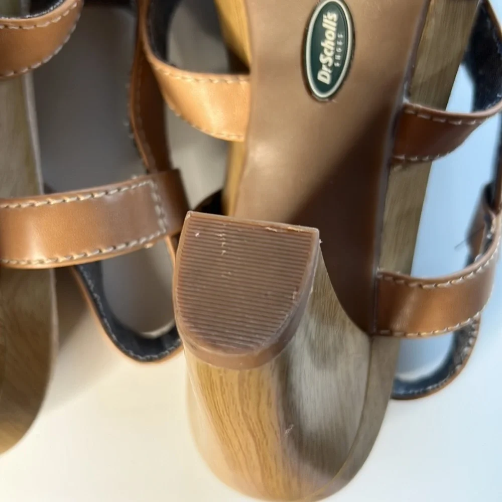 Dr. Scholl’s Band Platform Sandals Tan Leather Strappy Wooden Heel Size 10